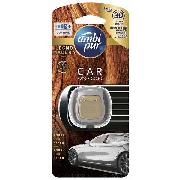 Ambientador para Automóvel Madeira Ambientador Ambi Pur para carro com aroma Madeira em embalagem castanha com imagem de carro prateado