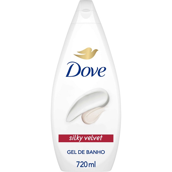 Gel de Banho Silky Velvet Frasco branco de gel de banho Dove com logótipo e texto em destaque