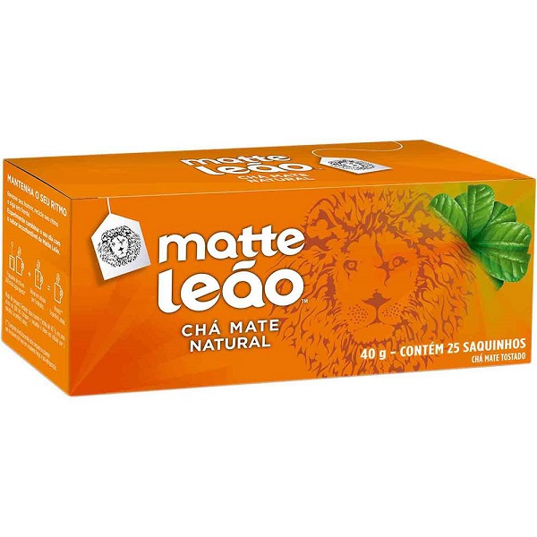Chá Matte Leão Natural Caixa laranja de chá mate natural Matte Leão com ilustração de leão e folha verde