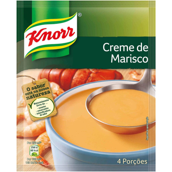 Knorr Creme de Marisco Embalagem de creme de marisco Knorr com tigela de sopa e conchas ao fundo