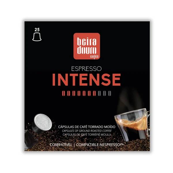 Café Intenso - Compatível Nespresso Embalagem de cápsulas de café Beira Douro Cáps INTENSE, 25 cápsulas compatíveis Nespresso