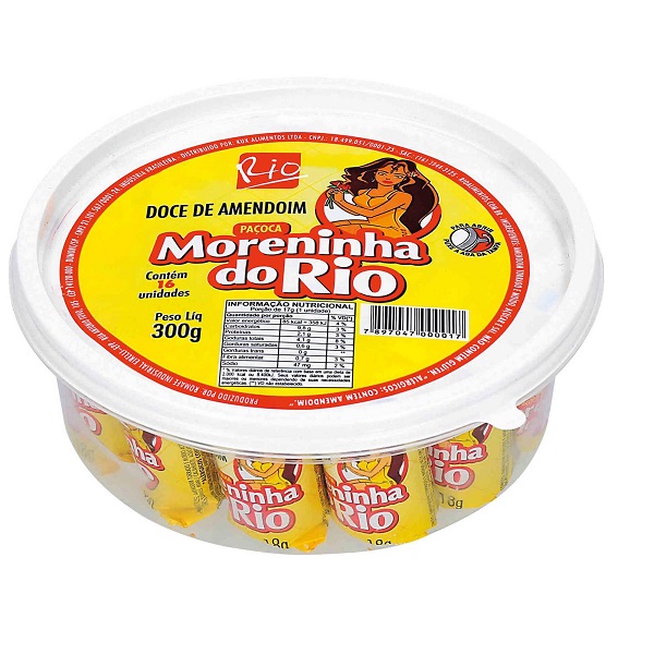 Paçoca Doce de Amendoim - VALIDADE 04/02/2026 Embalagem redonda de doce de amendoim Paçoca Moreninha do Rio com tampa branca