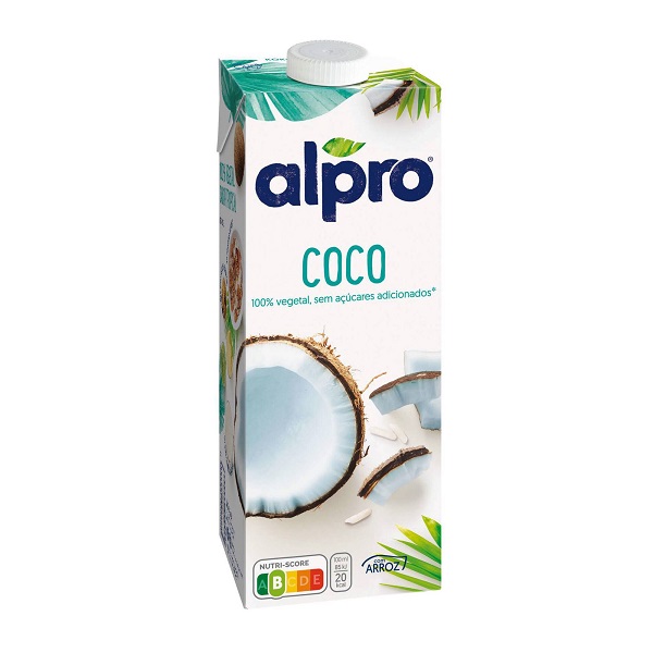 Bebida Vegetal de Côco Embalagem de bebida vegetal Alpro de coco com imagem de cocô aberto e tampa branca