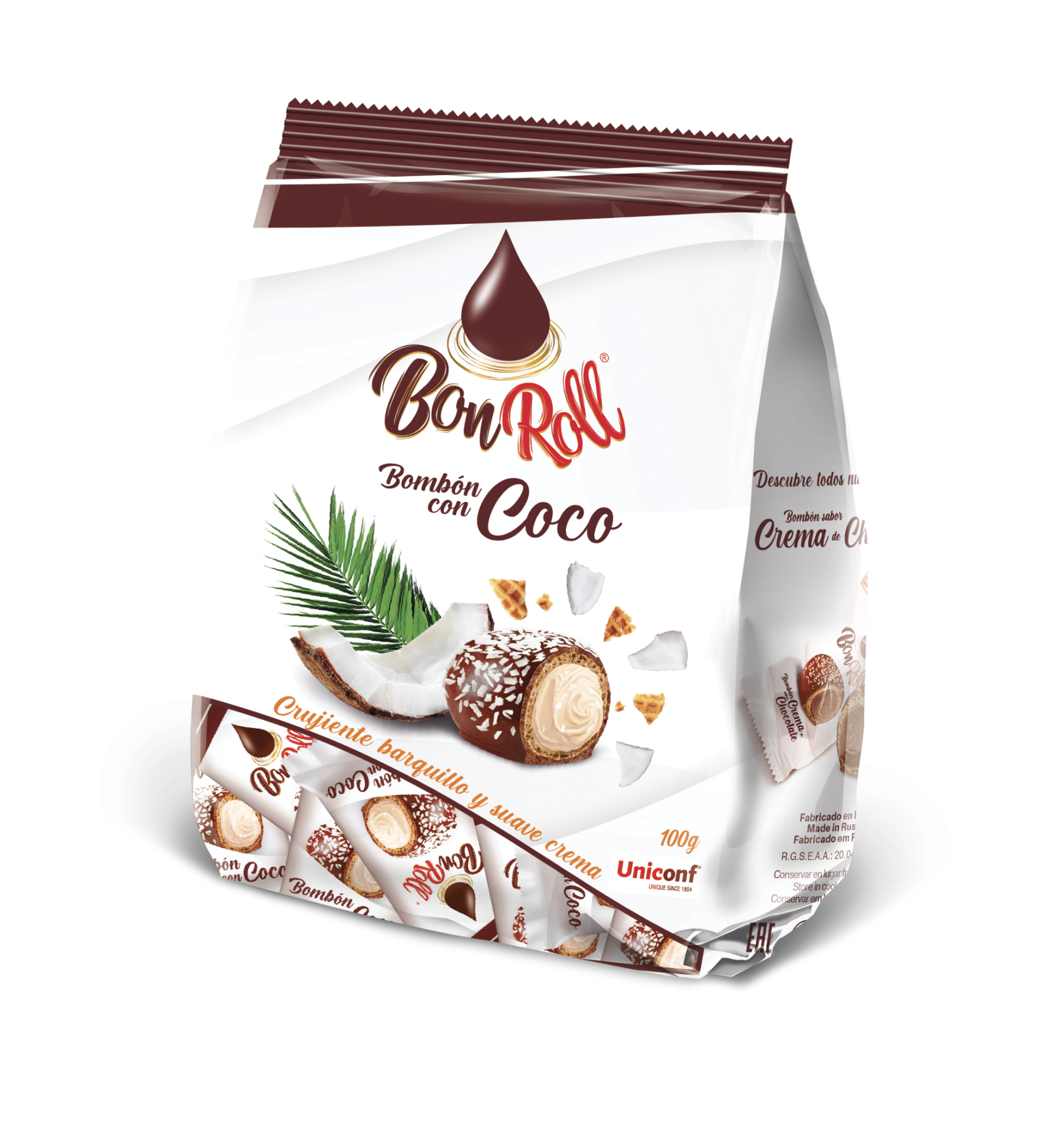 Bombom com Coco Embalagem de bombons Bon Roll com coco branca e castanha com imagem do bombom e texto