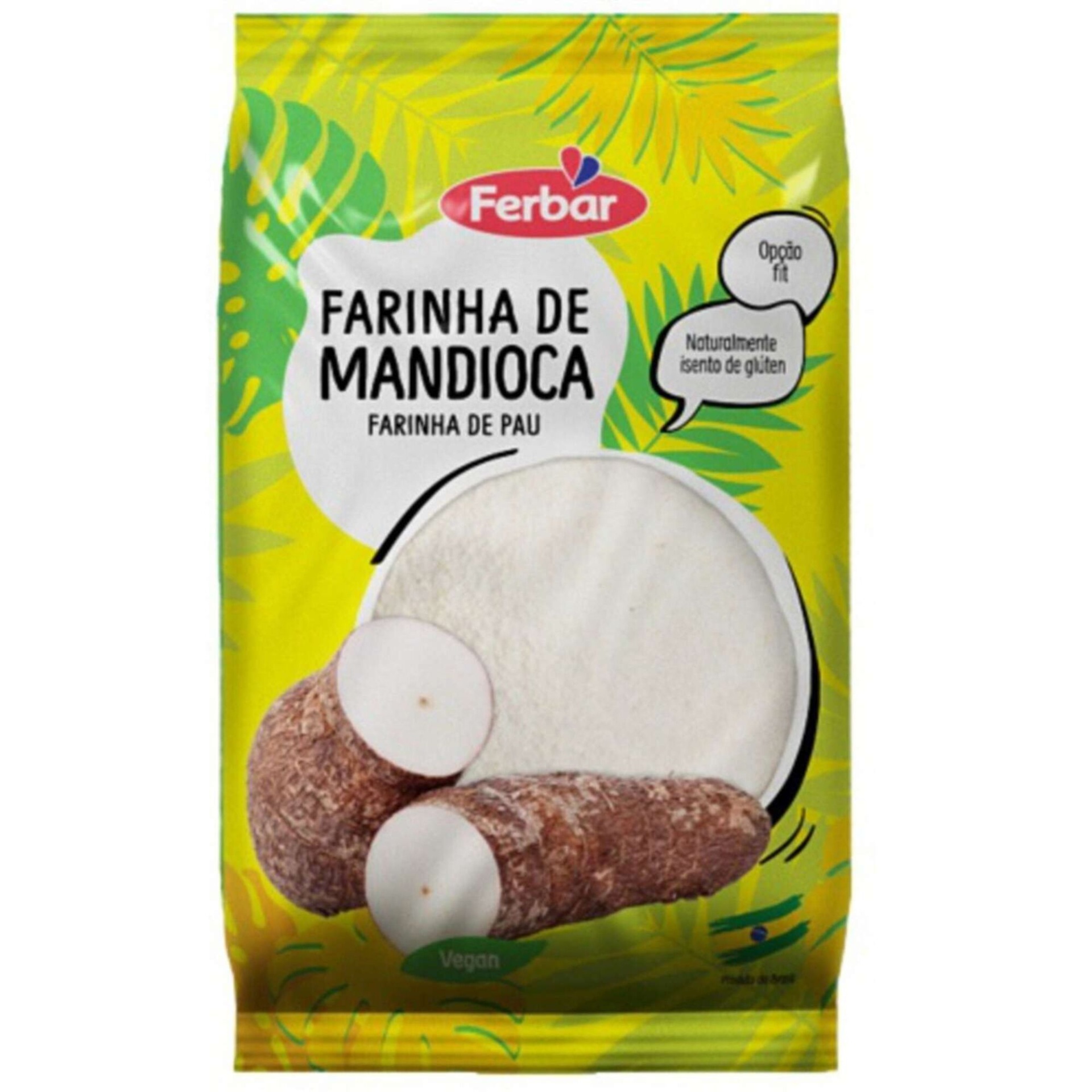 Farinha de Mandioca Pacote amarelo de farinha de mandioca Ferbar com texto e imagem de mandioca