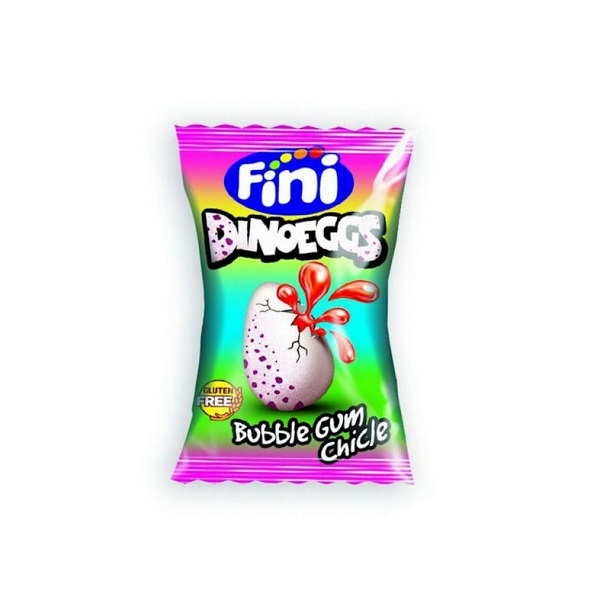 Pastilha Elástica - Dino Eggs Pacote colorido de doces Fini Dino Eggs com ovo e texto