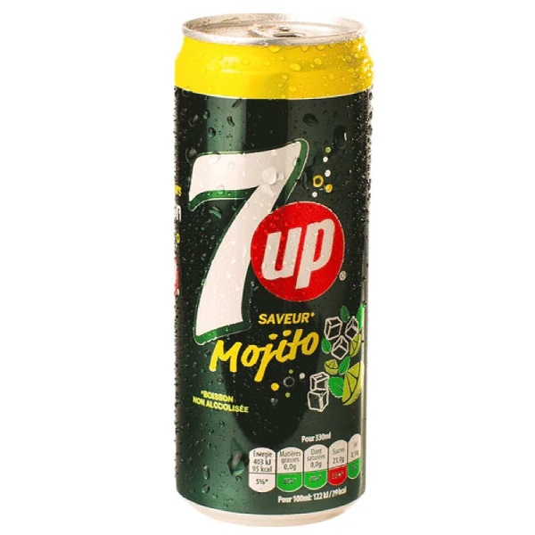 7up Mojito Lata de 7up Saveur Mojito com tampa amarela e gotas de condensação