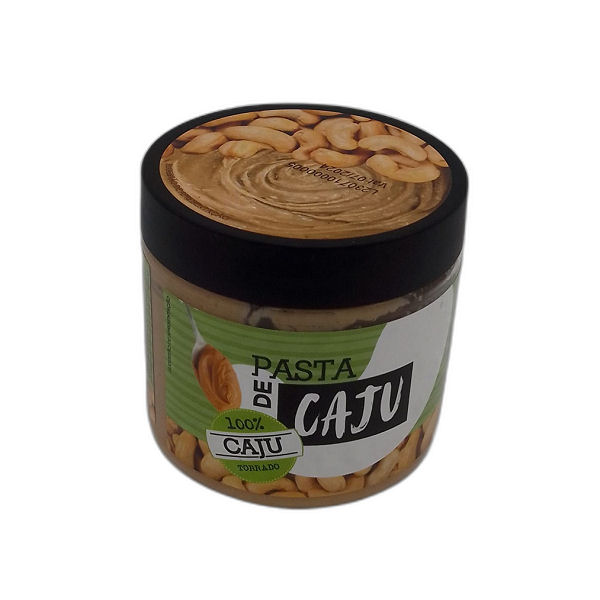 Pasta de Caju Frasco de pasta de caju com rótulo branco e verde e tampo preto