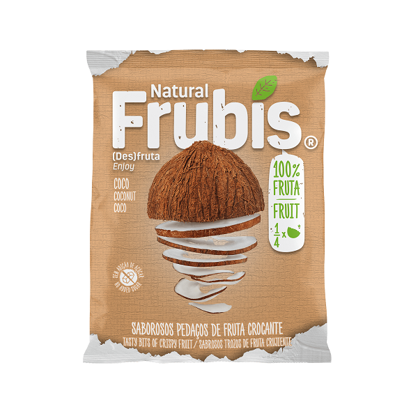 Côco Desidratado Embalagem de snack Natural Frubis sabor coco mostrando coco fatiado
