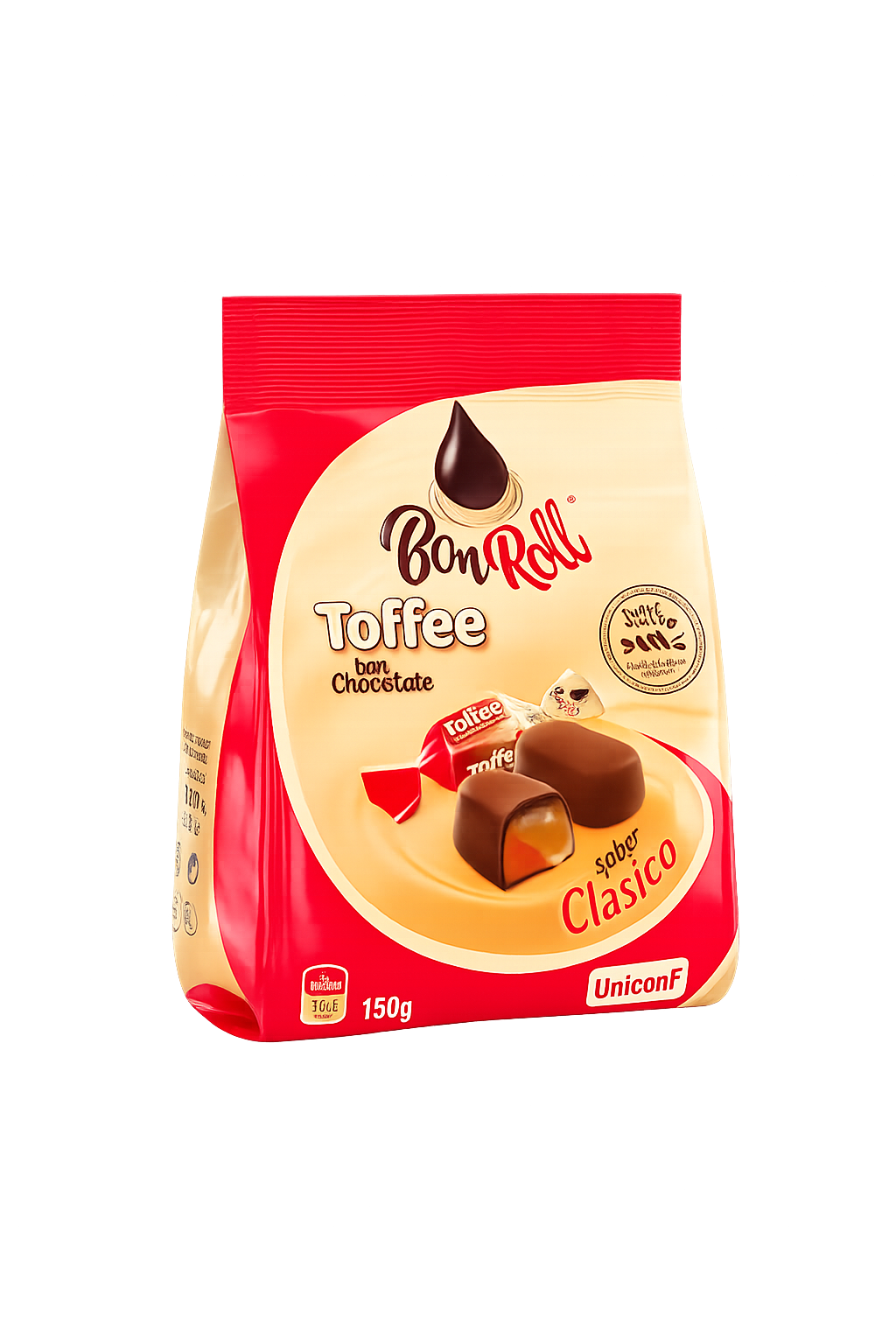 Bombons Toffee com Chocolate Pacote vermelho e bege de doces Bon Roll Toffee com chocolate e recheio visível