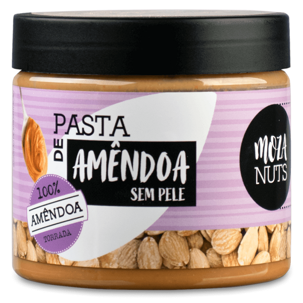 Pasta de Avelã Pote de pasta de amêndoa com rótulo lilás e tampa preta