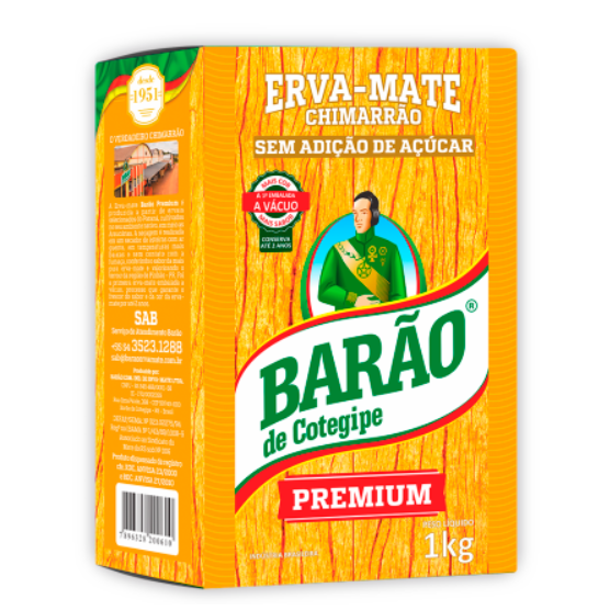 Erva-Mate Chimarrão Premium Pacote amarelo de erva-mate BARÃO de Cotegipe 1kg com texto destacado