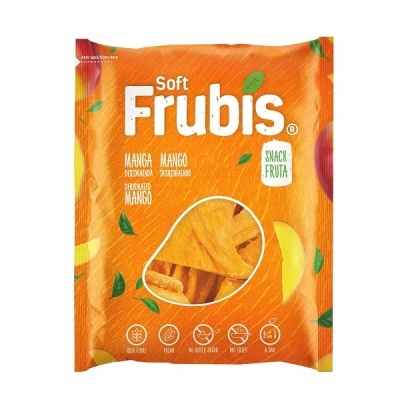 Pacote de snack de manga desidratada Soft Frubis laranja com texto branco e verde