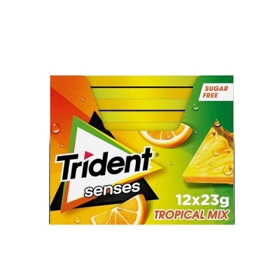 Pacote de pastilhas Trident Senses Tropical Mix com frutas tropicais e texto SUGAR FREE