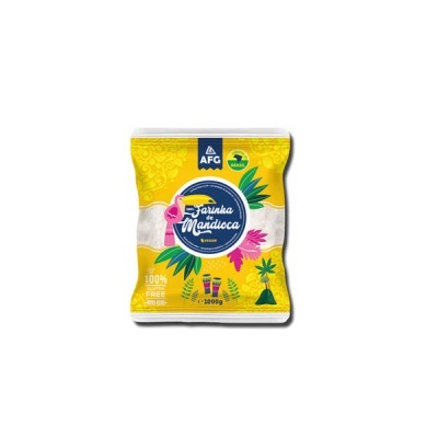 Pacote amarelo de farinha de mandioca AFG com texto e decoração colorida