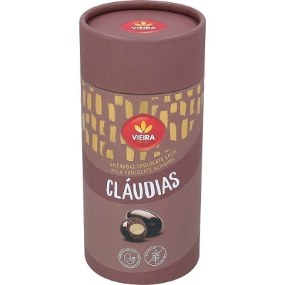 Embalagem cilíndrica castanha com padrão dourado e rótulo vermelho VIEIRA contendo amêndoas de chocolate de leite CLÁUDIAS