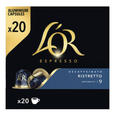 Cápsulas de café LOR Espresso Decaffeinato Ristretto, intensidade 9, embalagem com 20 cápsulas de alumínio