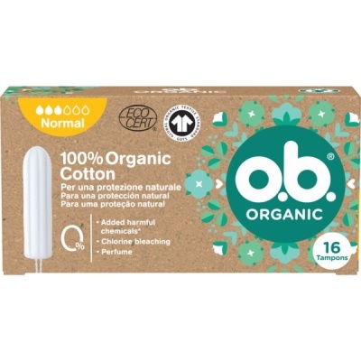 Embalagem castanha com tampão branco e texto o.b. Organic 16 tampões
