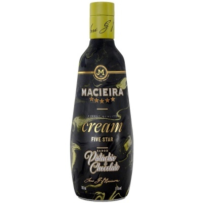 Garrafa preta de licor Macieira Cream sabor Pistachio Chocolate com tampa amarela