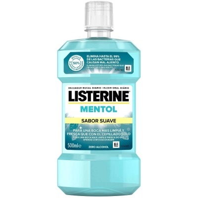 Frasco azul claro de Listerine Mentol sabor suave para enxaguante bucal.