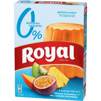 Embalagem de gelatina tropical Royal com frutas e indicação 0% açúcares