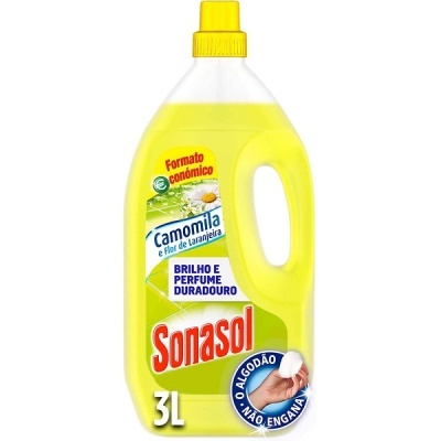 Frasco amarelo de detergente Sonasol de 3 litros com rótulo verde