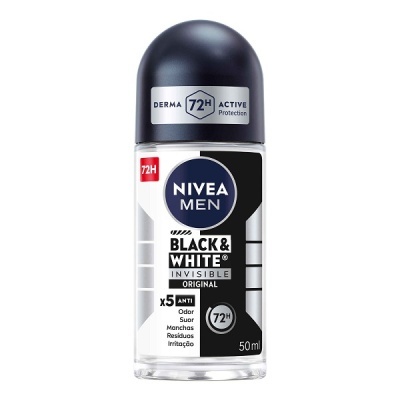 Desodorizante roll-on NIVEA MEN BLACK & WHITE 50 ml com texto sobre proteção 72 horas