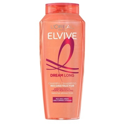 Frasco de champô L'Oréal Paris Elvive Dream Long laranja translúcido com texto branco e roxo