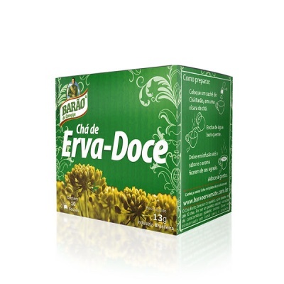 Caixa verde do chá de Erva-Doce da marca Barão com flores amarelas