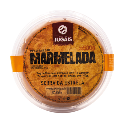 Embalagem redonda de marmelada Jugais 500g com rótulo castanho