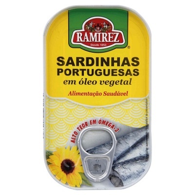 Lata de sardinhas portuguesas Ramirez em óleo vegetal com texto e imagem de girassol