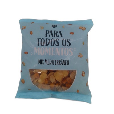 Pacote azul claro de mistura de frutos secos com texto PARA TODOS OS MOMENTOS