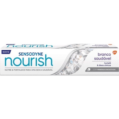 Embalagem de pasta de dentes Sensodyne Nourish branco saudável