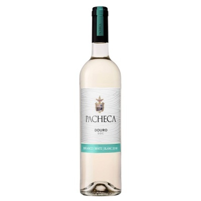 Garrafa de vinho branco Pacheca Douro DOC com rótulo branco e detalhes azuis
