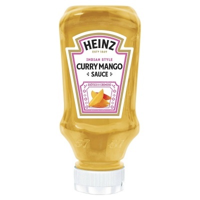 Garrafa de molho Heinz Curry Mango amarela com tampa branca