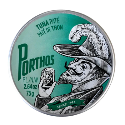 Lata de patê de atum Porthos com imagem de homem em chapéu e texto na tampa