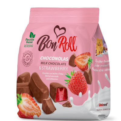 Embalagem rosa de chocolates e morangos Bon Roll