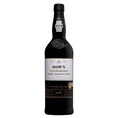 Garrafa de vinho do Porto Dow's Trademark Finest Reserve Port com rótulo branco e preto