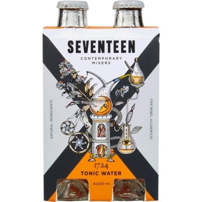 Pack de quatro garrafas de água tónica Seventeen com rótulo branco, preto e laranja e ilustração científica