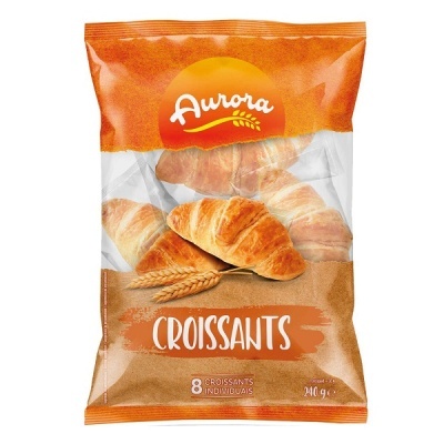 Pacote com 8 croissants Aurora em embalagem laranja e castanha