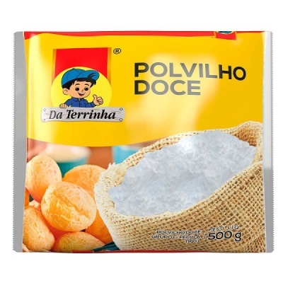 Embalagem de polvilho doce Da Terrinha 500 g com pães e saco de ráfia com pó branco