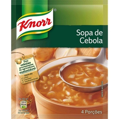Embalagem de sopa de cebola Knorr com tigela de sopa e colher