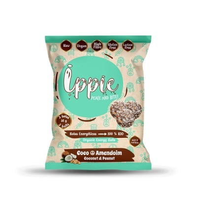 Embalagem bege e turquesa de bolachas energéticas Ippie sabor Coco e Amendoim
