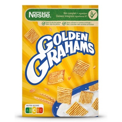 Caixa amarela de cereais Golden Grahams da Nestlé com texto em português e francês