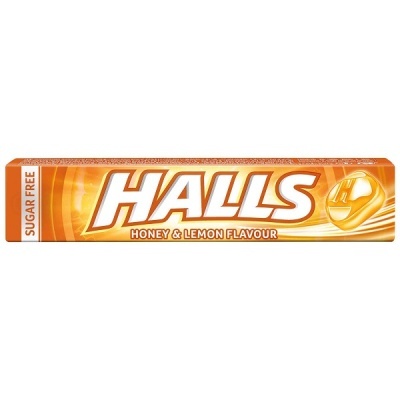 Embalagem laranja de pastilhas Halls sabor Mel e Limão