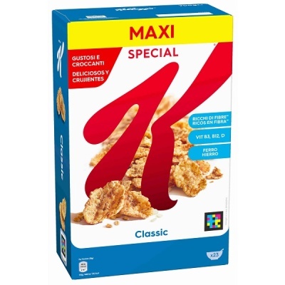 Caixa de cereais Special K Classic Maxi com texto em várias línguas