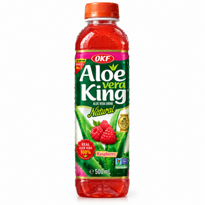 Garrafa de bebida Aloe Vera King natural sabor framboesa de 500ml com rótulo verde e vermelho.