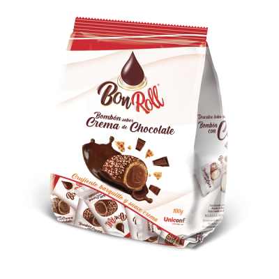 Pacote branco e vermelho de bombons Bon Roll de crema de chocolate com foto do doce e texto em castanho e vermelho