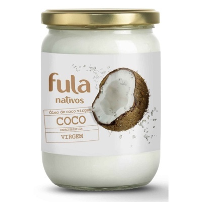Frasco de óleo de coco virgem Fula Nativos com rótulo branco e tampa dourada