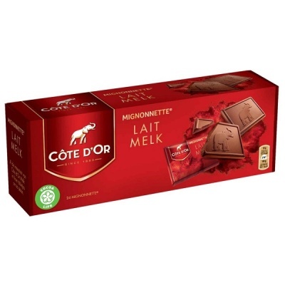 Barra de chocolate Côte d'Or vermelha com elefante branco e texto Mignonnette Lait Melk